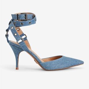 Brian Atwood x Express Denim Grommet Ankle Strap Pumps